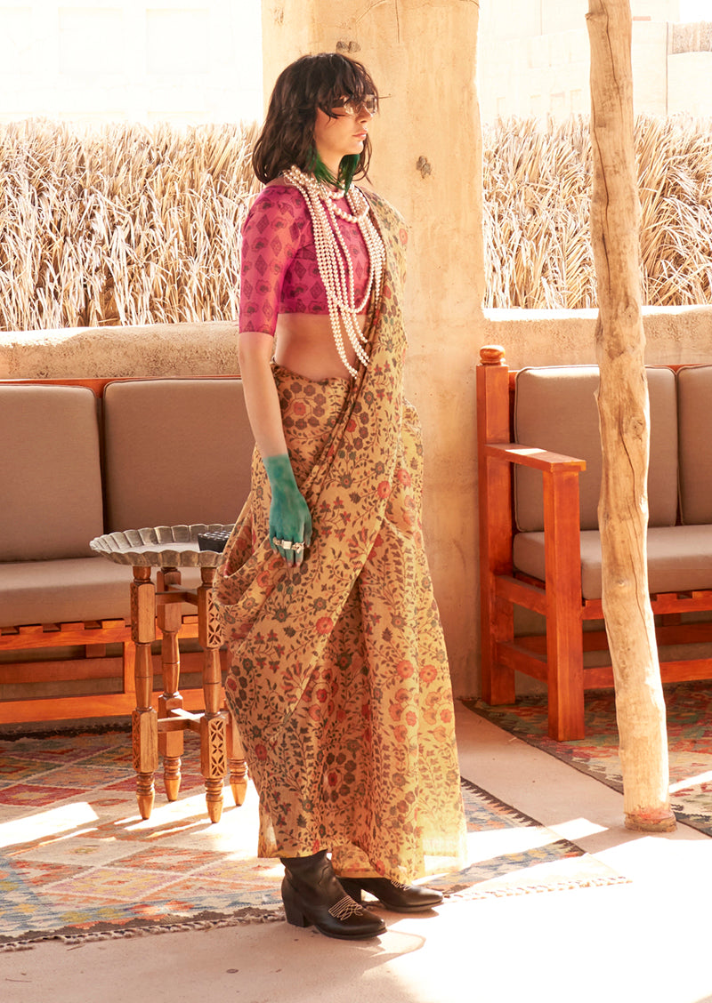 Monjolika Fashion Stunning Mustard Colour Printed Tissue Designer Saree - Distacart