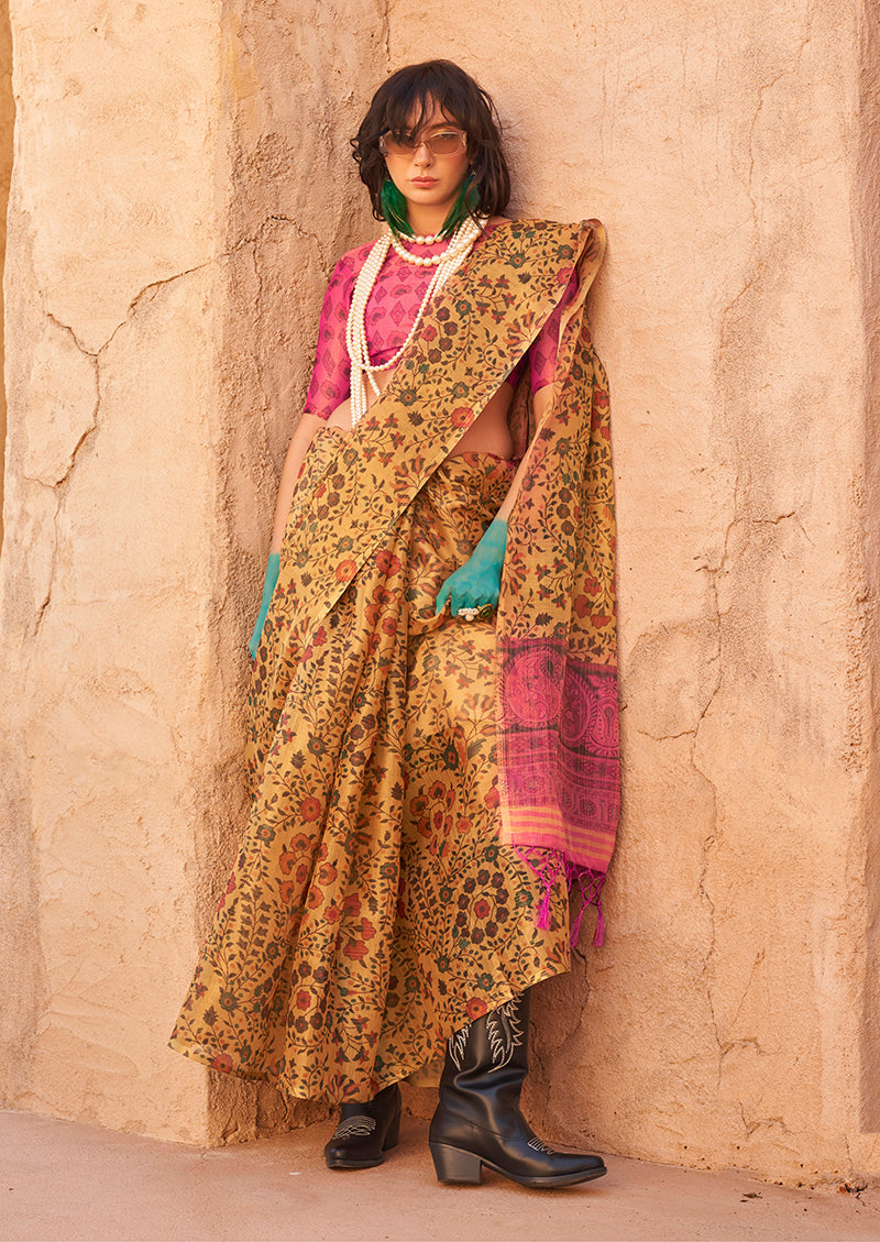 Monjolika Fashion Stunning Mustard Colour Printed Tissue Designer Saree - Distacart