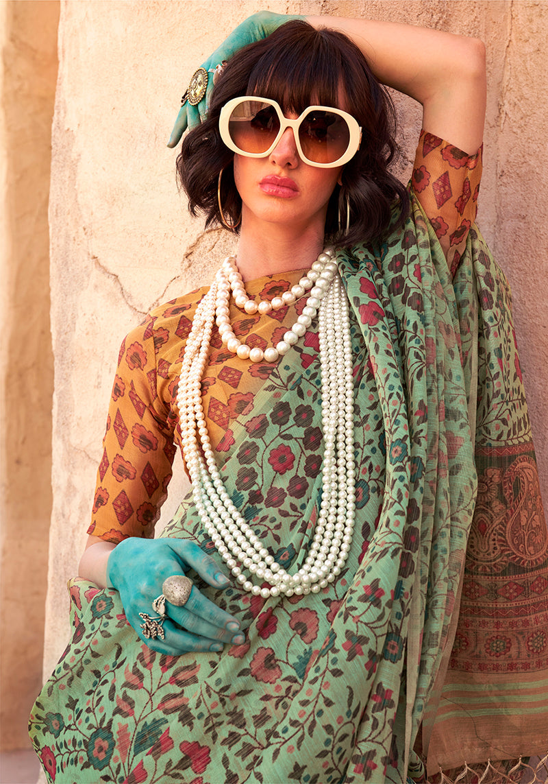 Monjolika Fashion Stunning Sea Green Colour Printed Tissue Designer Saree - Distacart