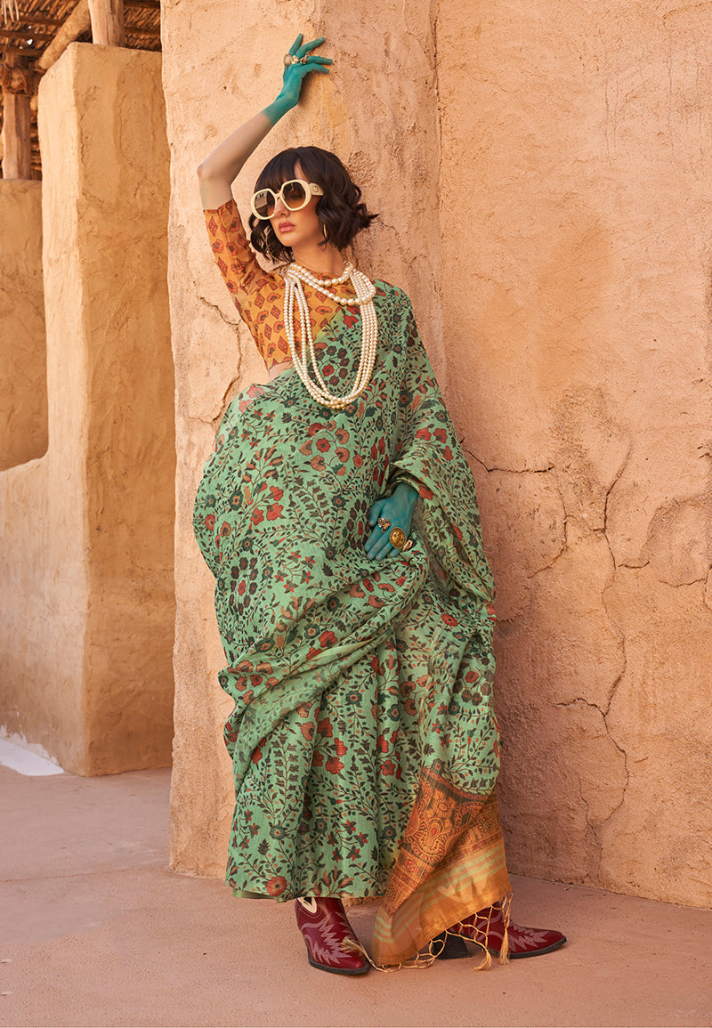 Monjolika Fashion Stunning Sea Green Colour Printed Tissue Designer Saree - Distacart