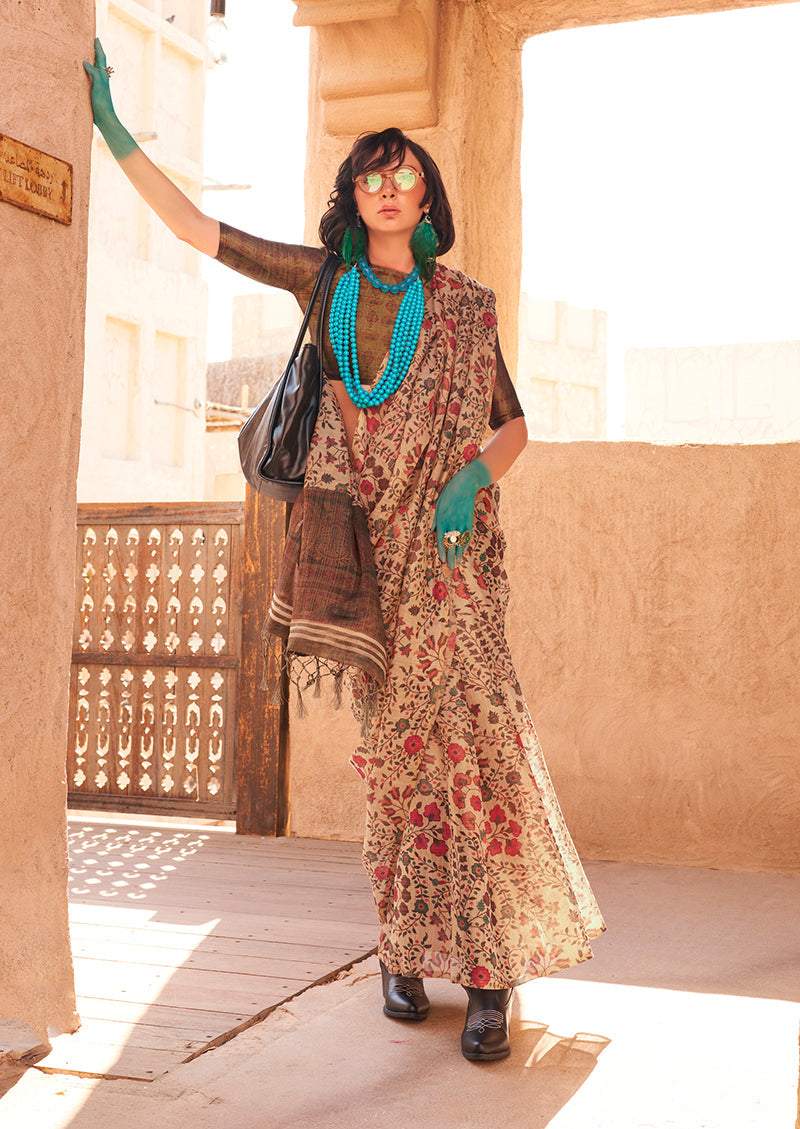 Monjolika Fashion Stunning Beige Colour Printed Tissue Designer Saree - Distacart