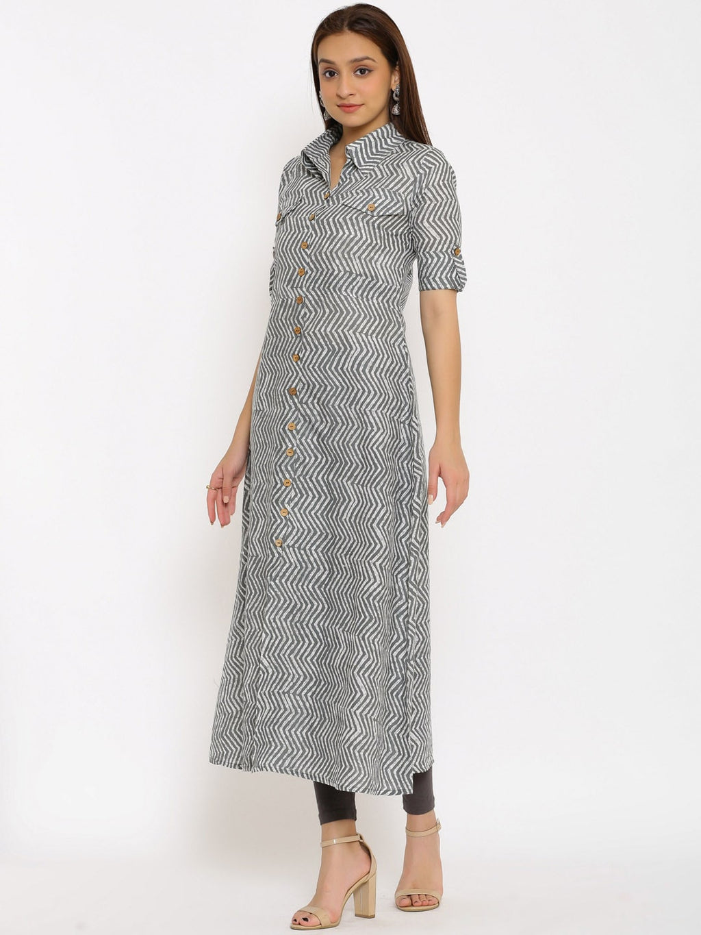 HERE&NOW Grey Shirt Collar Chevron Printed Roll Up Sleeves A-Line Kurta