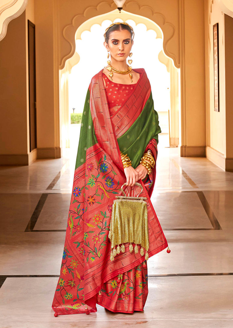 Monjolika Fashion Mehendi Colour Soft Silk Sarees With Traditional Motifs - Distacart