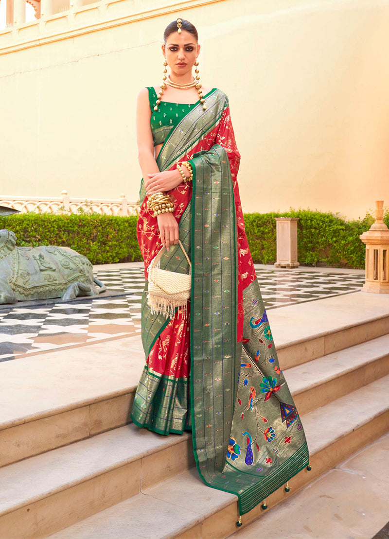 Monjolika Fashion Crimson Colour Soft Silk Sarees With Traditional Motifs - Distacart