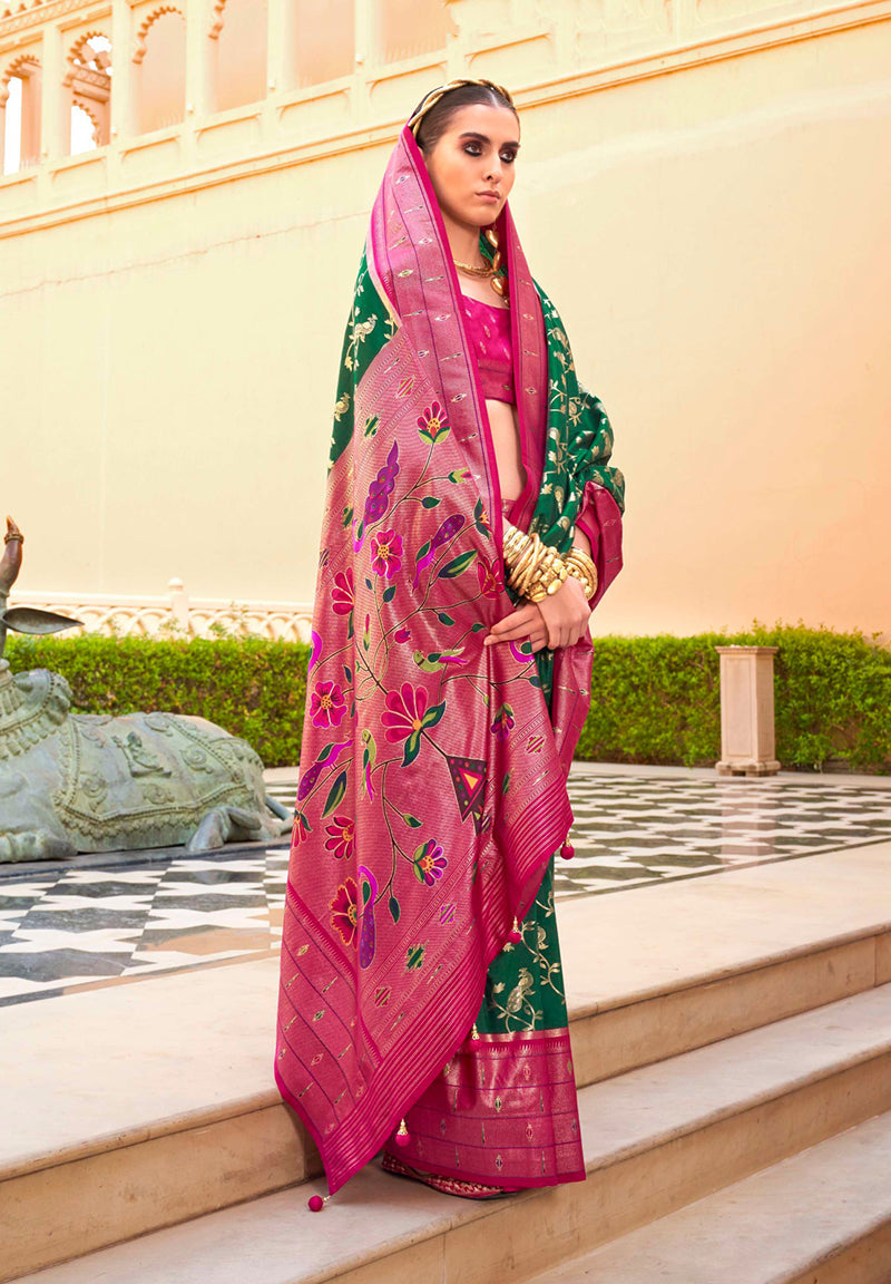 Monjolika Fashion Dark Green Colour Soft Silk Sarees With Traditional Motifs - Distacart