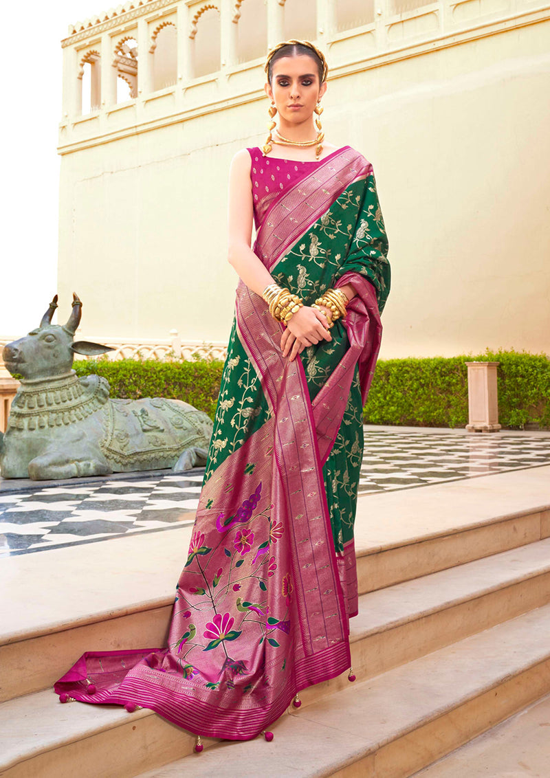 Monjolika Fashion Dark Green Colour Soft Silk Sarees With Traditional Motifs - Distacart