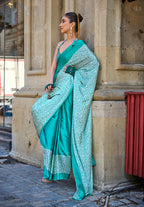 Monjolika Fashion Sea Green Colour Satin Silk Printed Lightwear Saree For Women