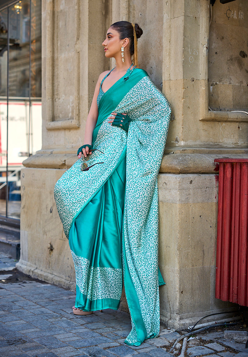 Monjolika Fashion Sea Green Colour Satin Silk Printed Lightwear Saree For Women