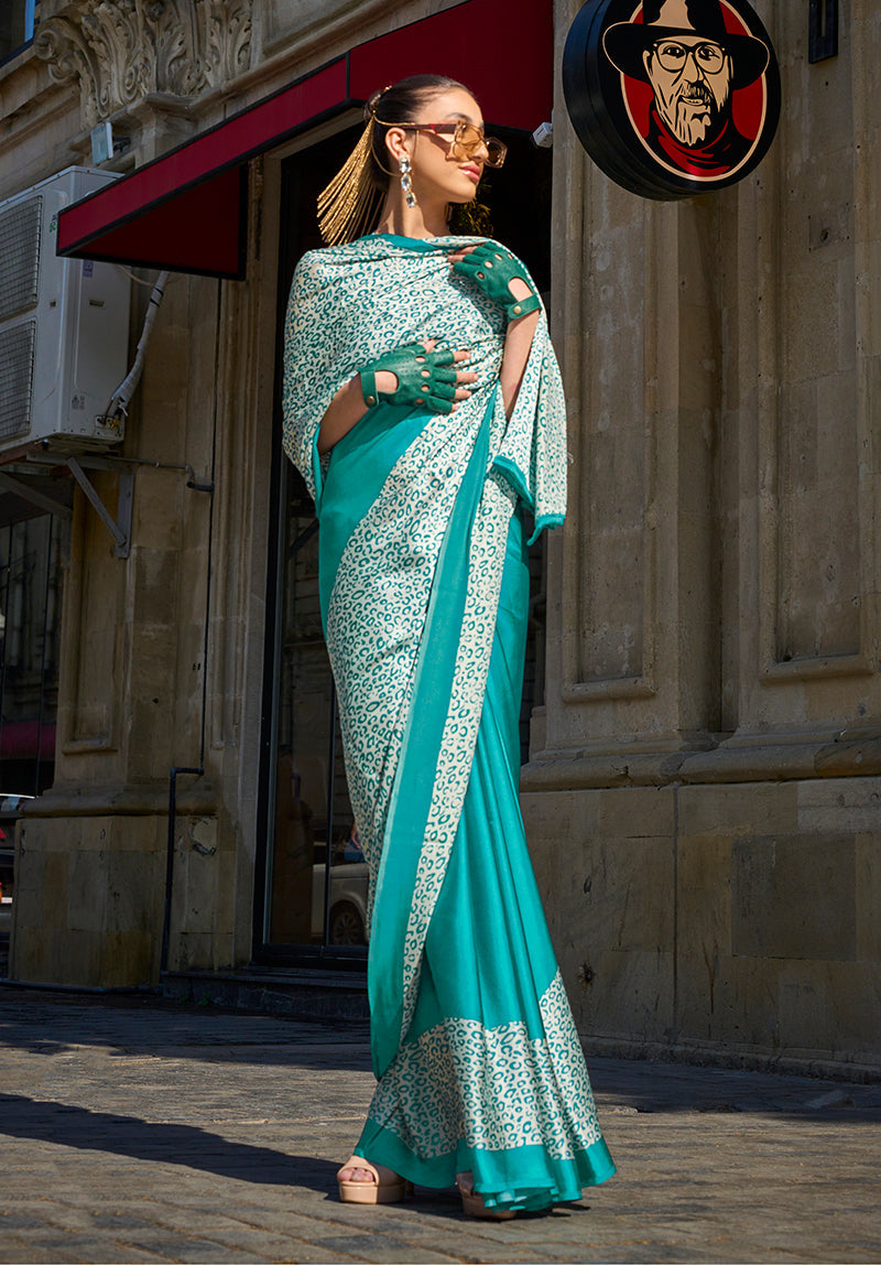 Monjolika Fashion Sea Green Colour Satin Silk Printed Lightwear Saree For Women