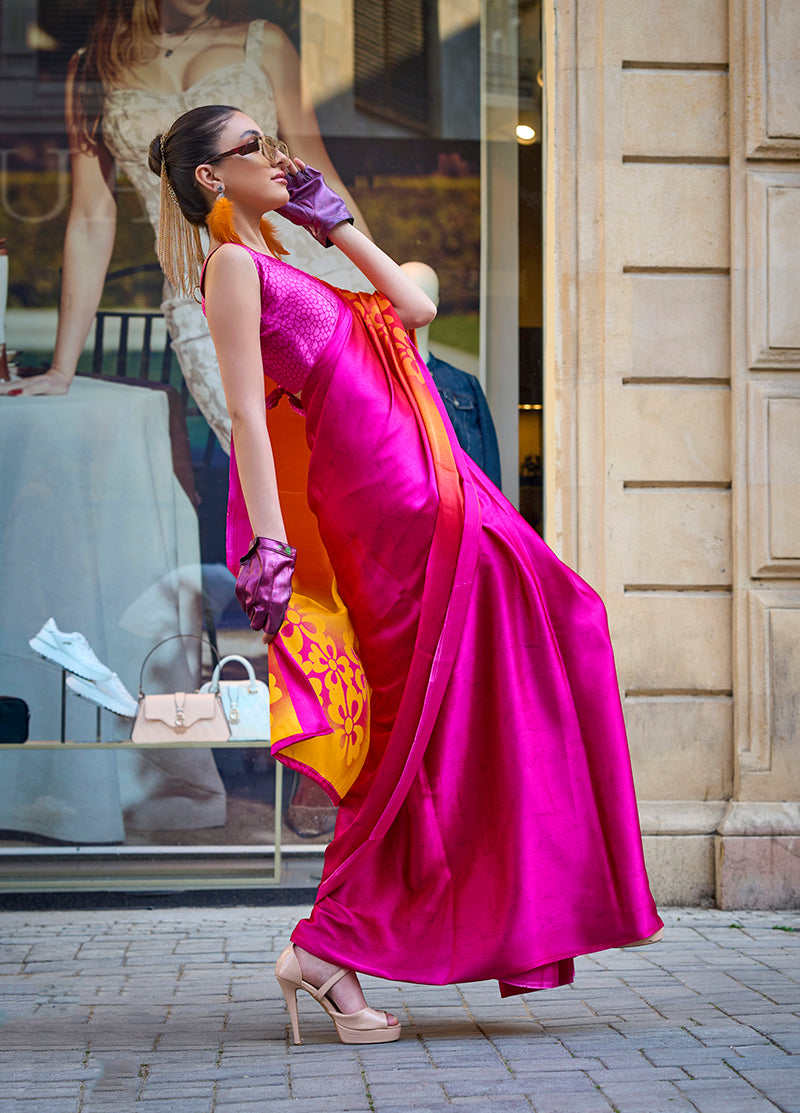 Monjolika Fashion Magenta Colour Satin Silk Printed Lightwear Saree For Women
