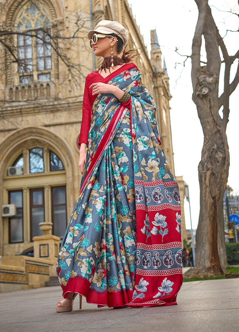Monjolika Fashion Grey Colour Satin Silk Printed Lightwear Saree For Women - Distacart