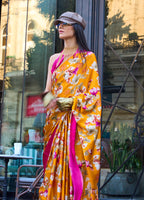 Monjolika Fashion Mustard Colour Satin Silk Printed Lightwear Saree For Women