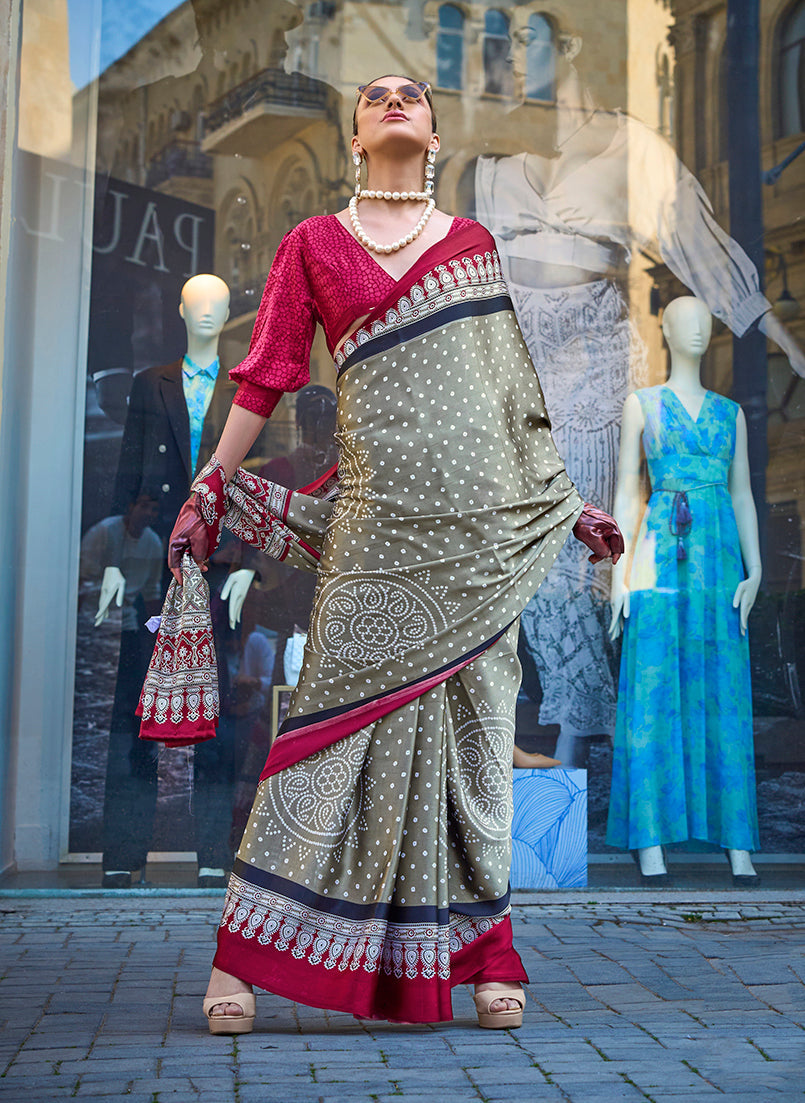 Monjolika Fashion Light Brown Colour Satin Silk Printed Lightwear Saree For Women - Distacart