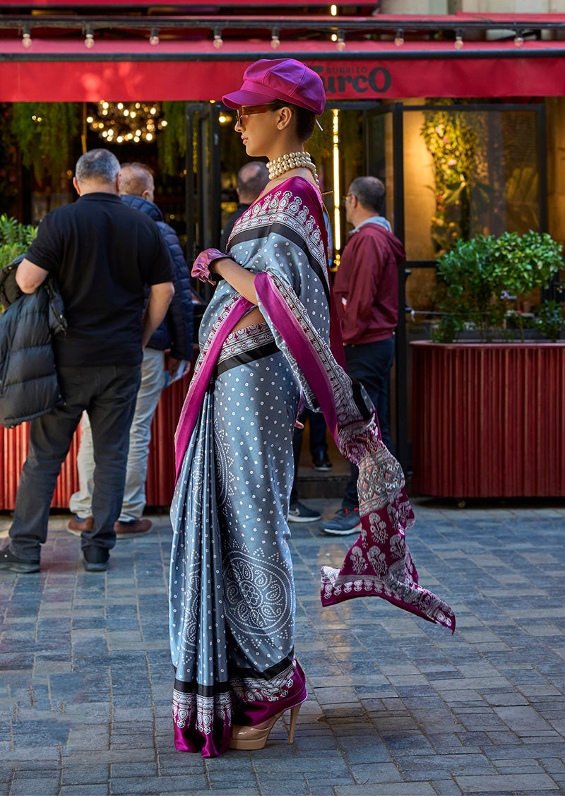 Monjolika Fashion Grey Colour Satin Silk Printed Lightwear Saree For Women - Distacart
