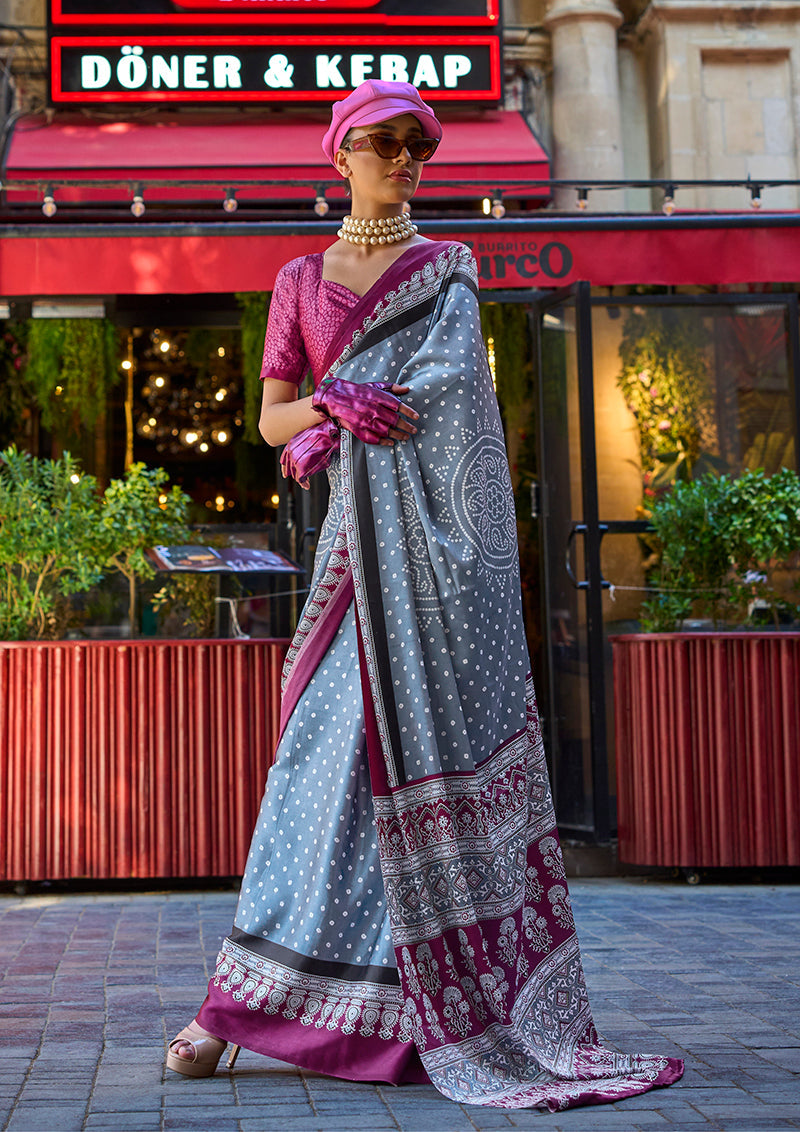Monjolika Fashion Grey Colour Satin Silk Printed Lightwear Saree For Women - Distacart