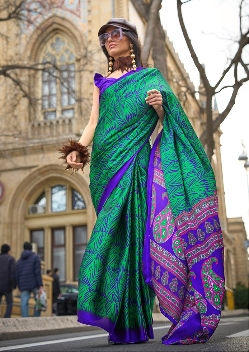 Monjolika Fashion Royal Blue Colour Satin Silk Printed Lightwear Saree For Women - Distacart