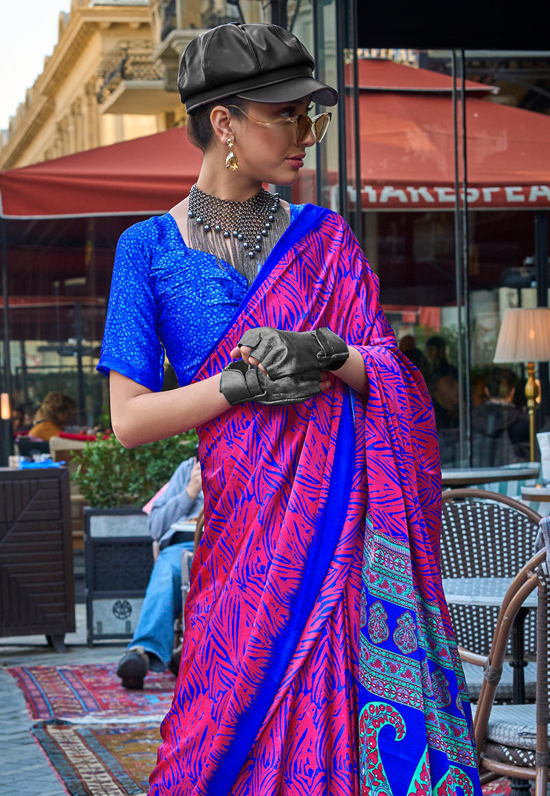 Monjolika Fashion Magenta Colour Satin Silk Printed Lightwear Saree For Women - Distacart