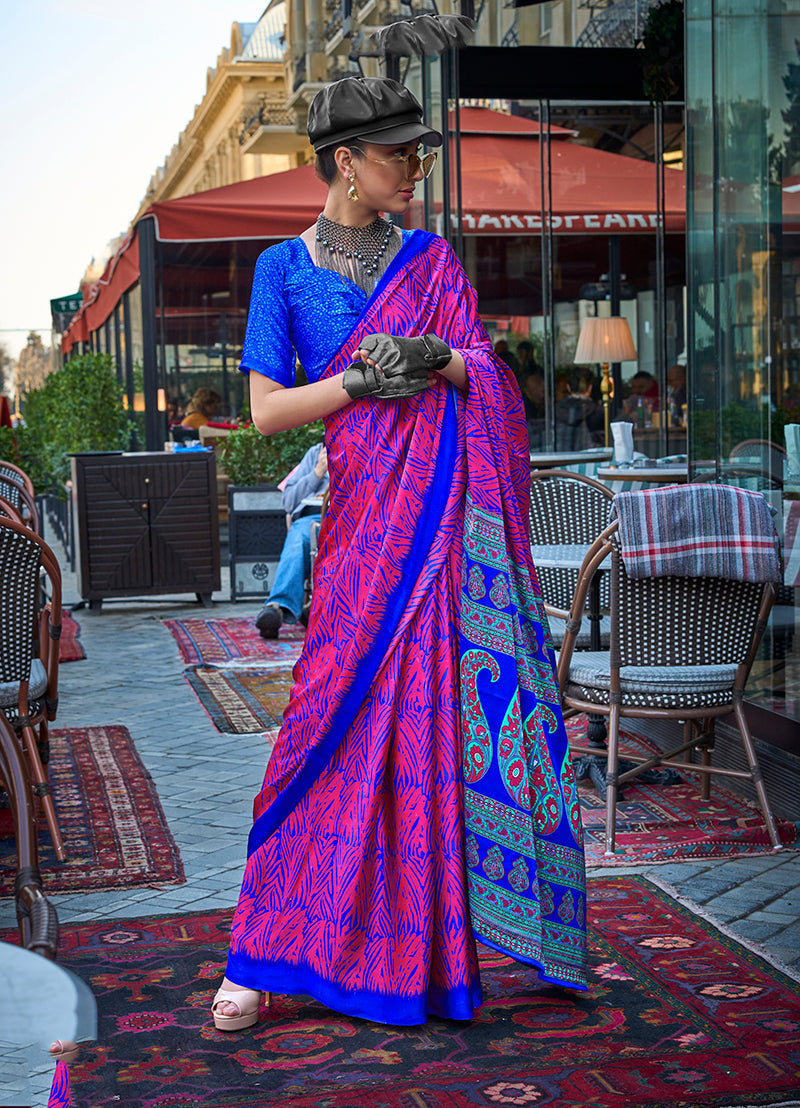 Monjolika Fashion Magenta Colour Satin Silk Printed Lightwear Saree For Women - Distacart