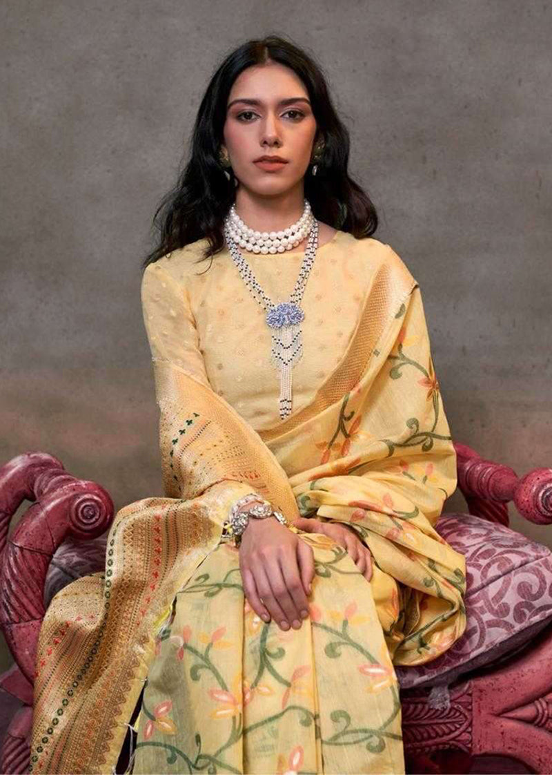 Monjolika Fashion Light Yellow Colour Mulmul Cotton Printed Lightwear Saree - Distacart