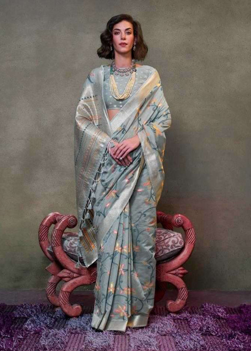 Monjolika Fashion Slate Grey Colour Mulmul Cotton Printed Lightwear Saree - Distacart