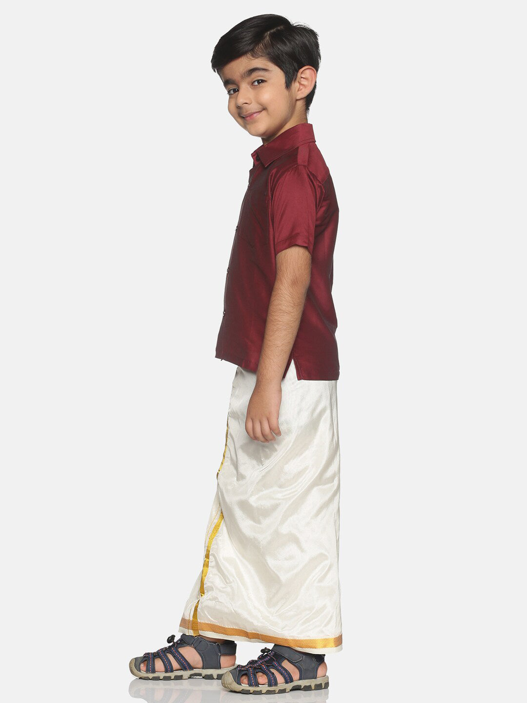 Sethukrishna Boys Maroon & White Solid Shirt and Veshti Set