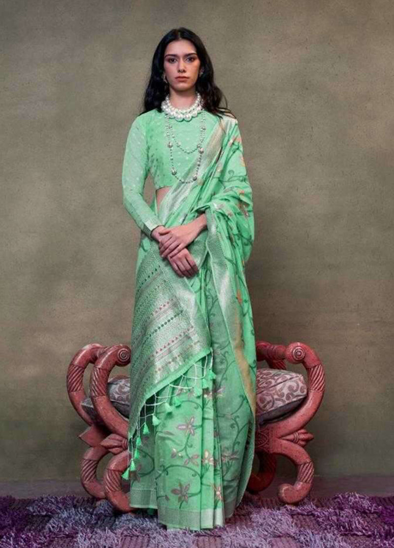 Monjolika Fashion Sea Green Colour Mulmul Cotton Printed Lightwear Saree - Distacart