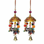 Handicrafts Paradise Umbrella with Elephant Painted and Metal Bell Paper Mache Door Hanging (7.65 cm x 7.65 cm x 22.95 cm, Set of 2)