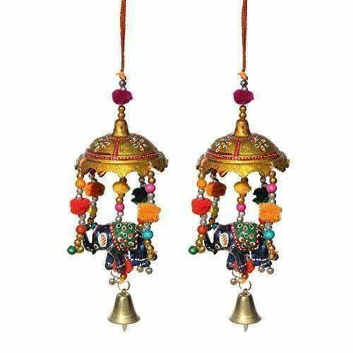Handicrafts Paradise Umbrella with Elephant Painted and Metal Bell Paper Mache Door Hanging (7.65 cm x 7.65 cm x 22.95 cm, Set of 2)