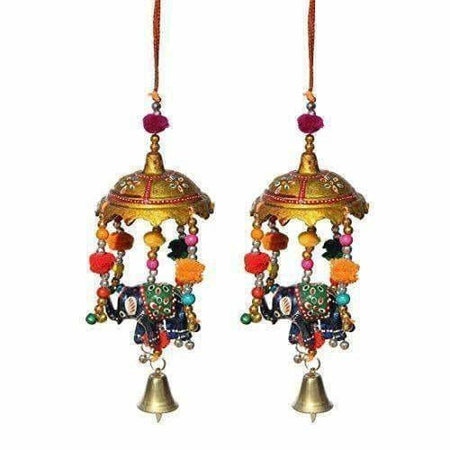 Handicrafts Paradise Umbrella with Elephant Painted and Metal Bell Paper Mache Door Hanging (7.65 cm x 7.65 cm x 22.95 cm, Set of 2)