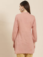 Juniper Women's Peach Embroidered Cotton Slub High-Low Tunic