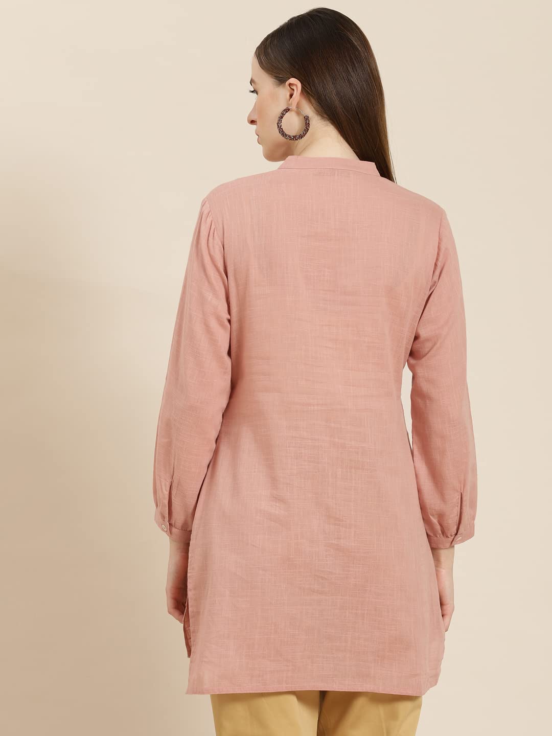 Juniper Women's Peach Embroidered Cotton Slub High-Low Tunic