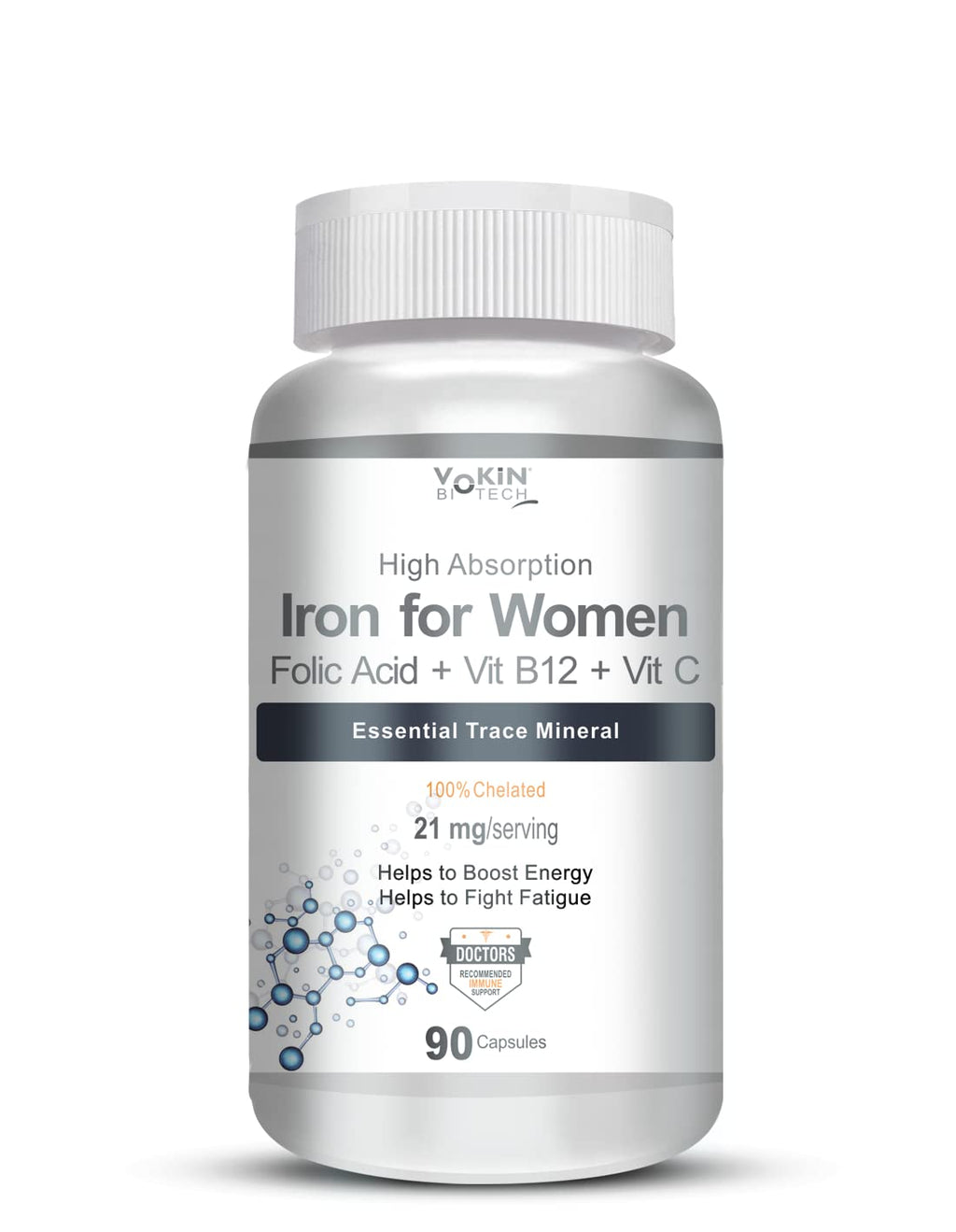 Vokin Biotech Iron Supplement for Women -100% Chelated - With Vitamin B12, Folic Acid & Vitamin C for High Absorption