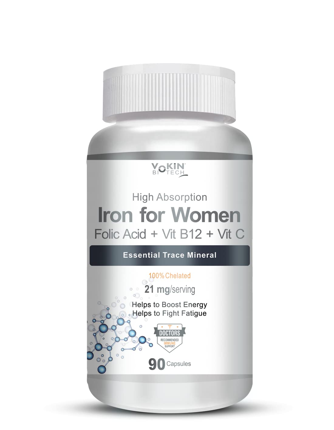 Vokin Biotech Iron Supplement for Women -100% Chelated - With Vitamin B12, Folic Acid & Vitamin C for High Absorption