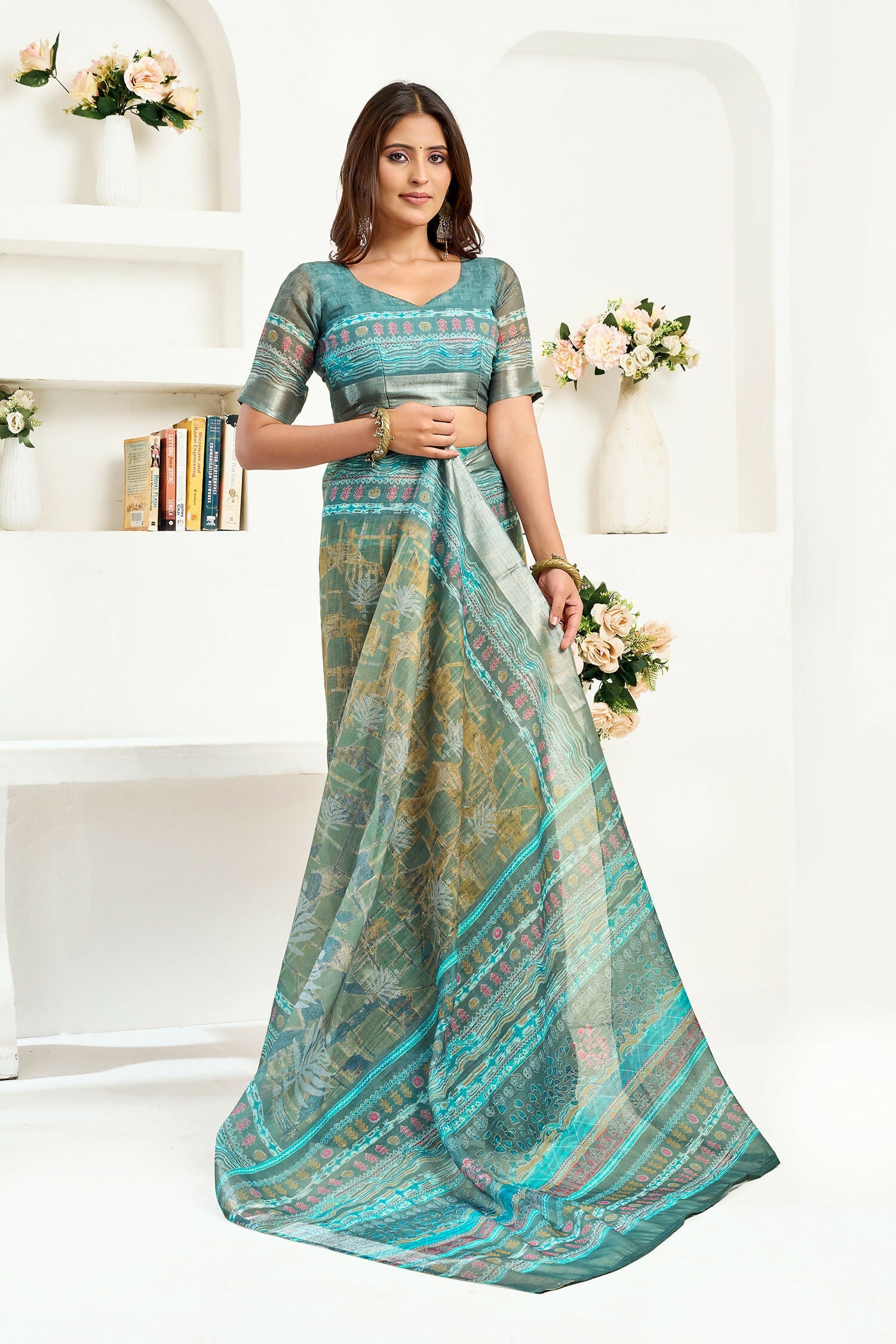 Joban Fashion Petrol Ethinic Motifs Linen Ready To Wear Saree With Unstitched Blouse - Distacart