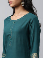 Yufta Women Green And Golden Pure Cotton Solid Kurta with Palazzo and Dupatta