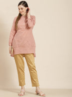 Juniper Women's Peach Embroidered Cotton Slub High-Low Tunic