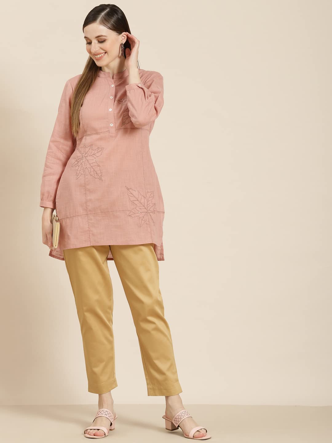 Juniper Women's Peach Embroidered Cotton Slub High-Low Tunic
