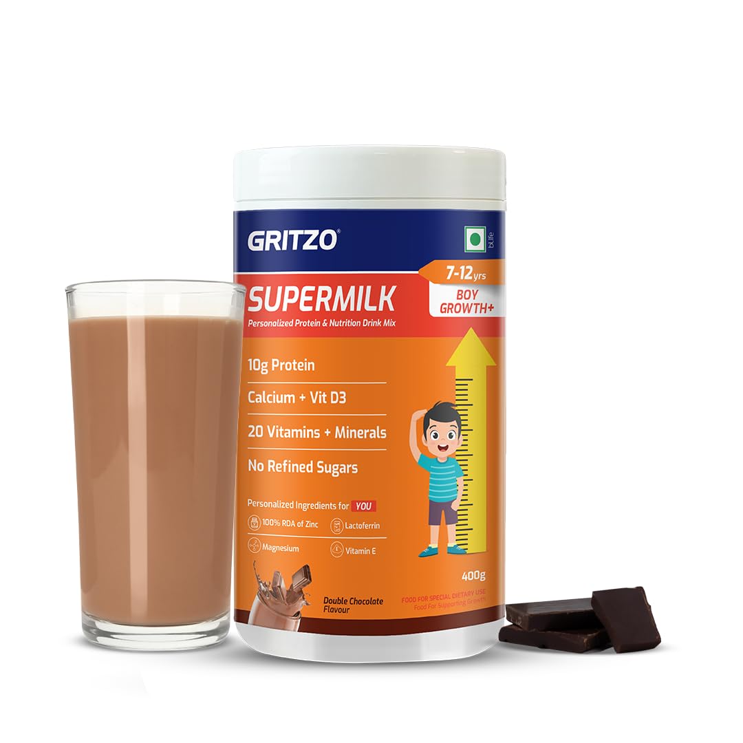 Gritzo SuperMilk Height+ (7-12y Boys), 10g Protein Powder - Double Chocolate - Distacart