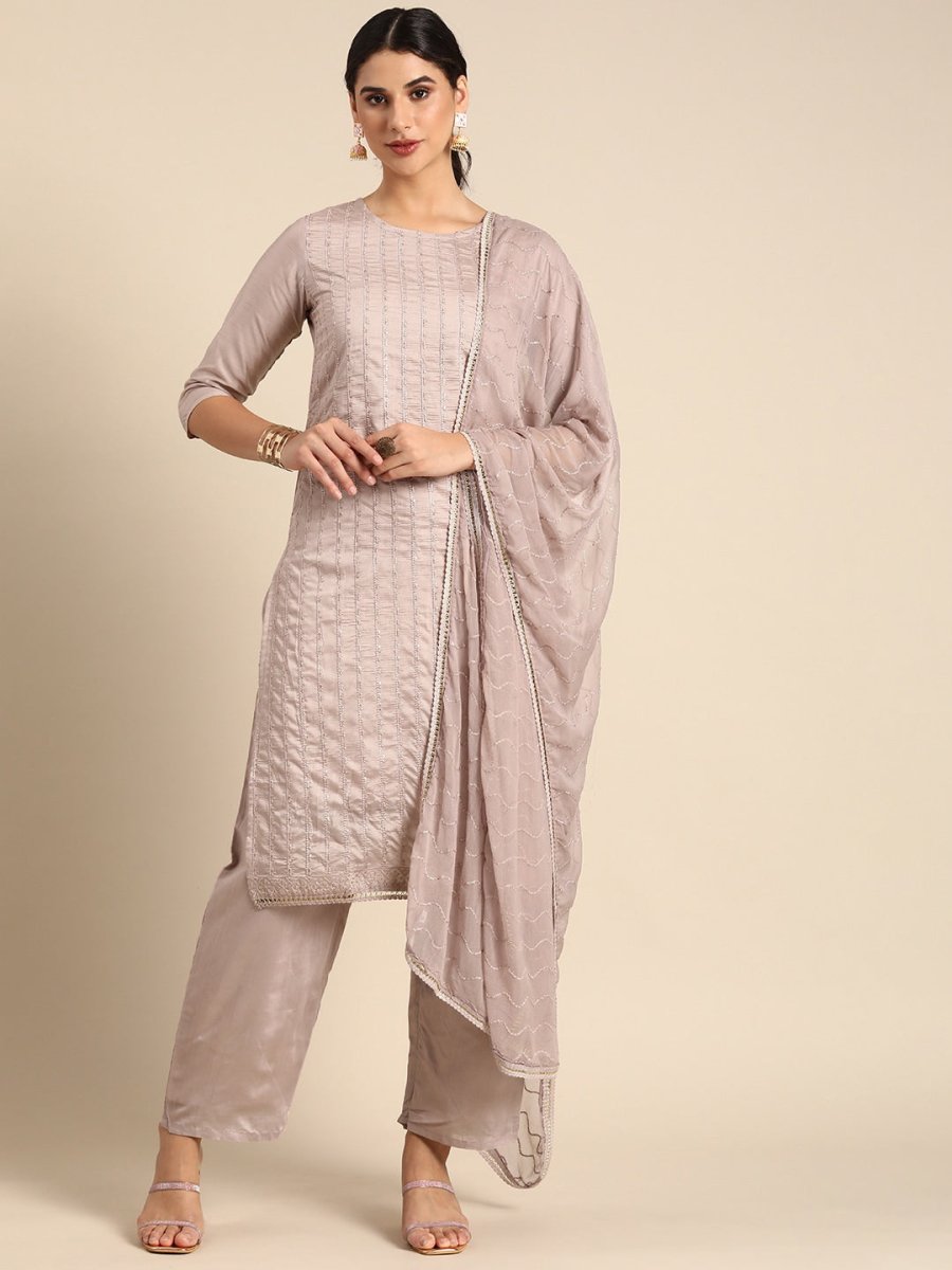 All About You Women Mauve Ethnic Motifs Embroidered Regular Sequinned Chanderi Silk Kurta with Palazzos &