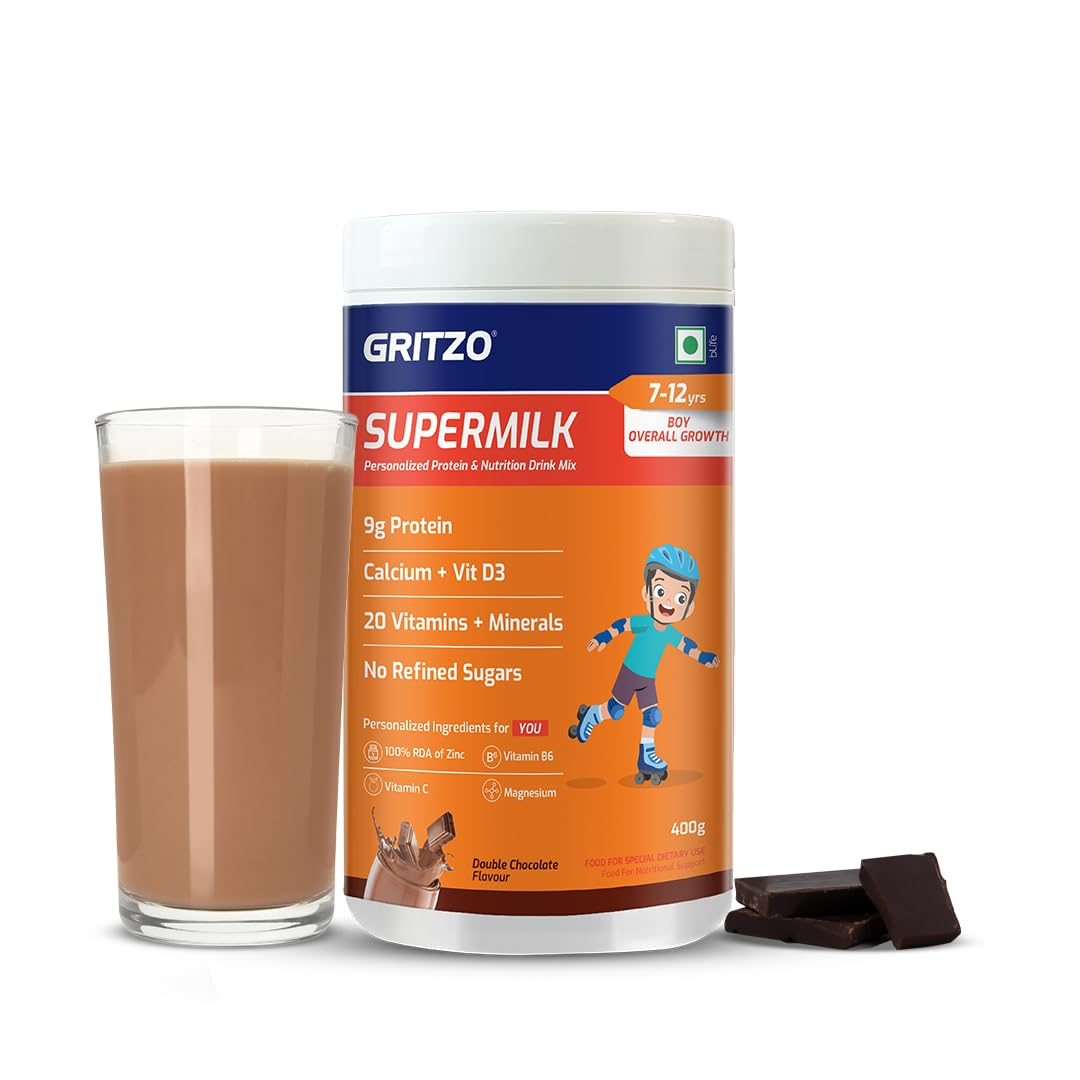 Gritzo SuperMilk Overall Growth (7-12y Boys), 9g Protein (Double Chocolate, Zero Refined Sugar, 20 Vitamins & Minerals - Distacart