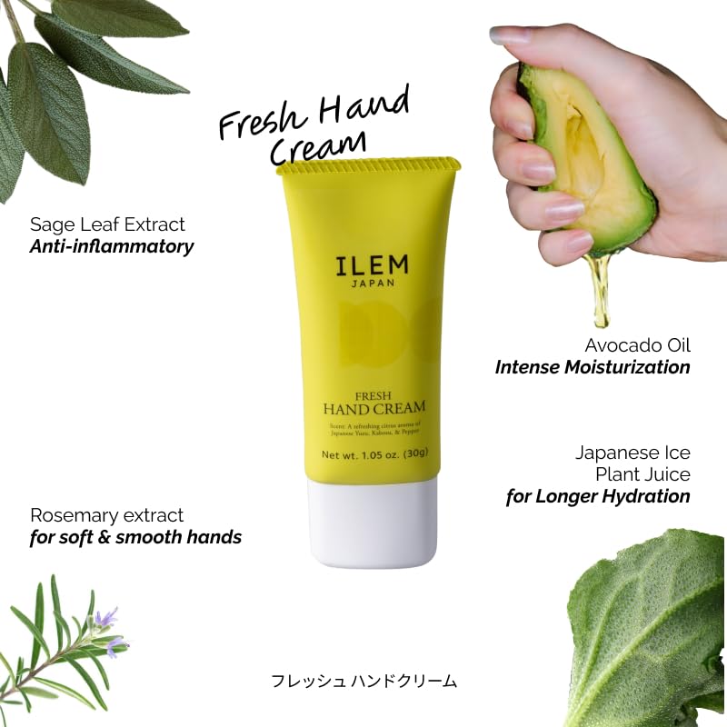 ILEM JAPAN Hand Cream for Women and Men | Best Before Aug 2026 | For Dry and Rough Hand | Hyaluronic Acid and Avocado Oil | All Skin Type Soft Moisturizer Cream - 30g