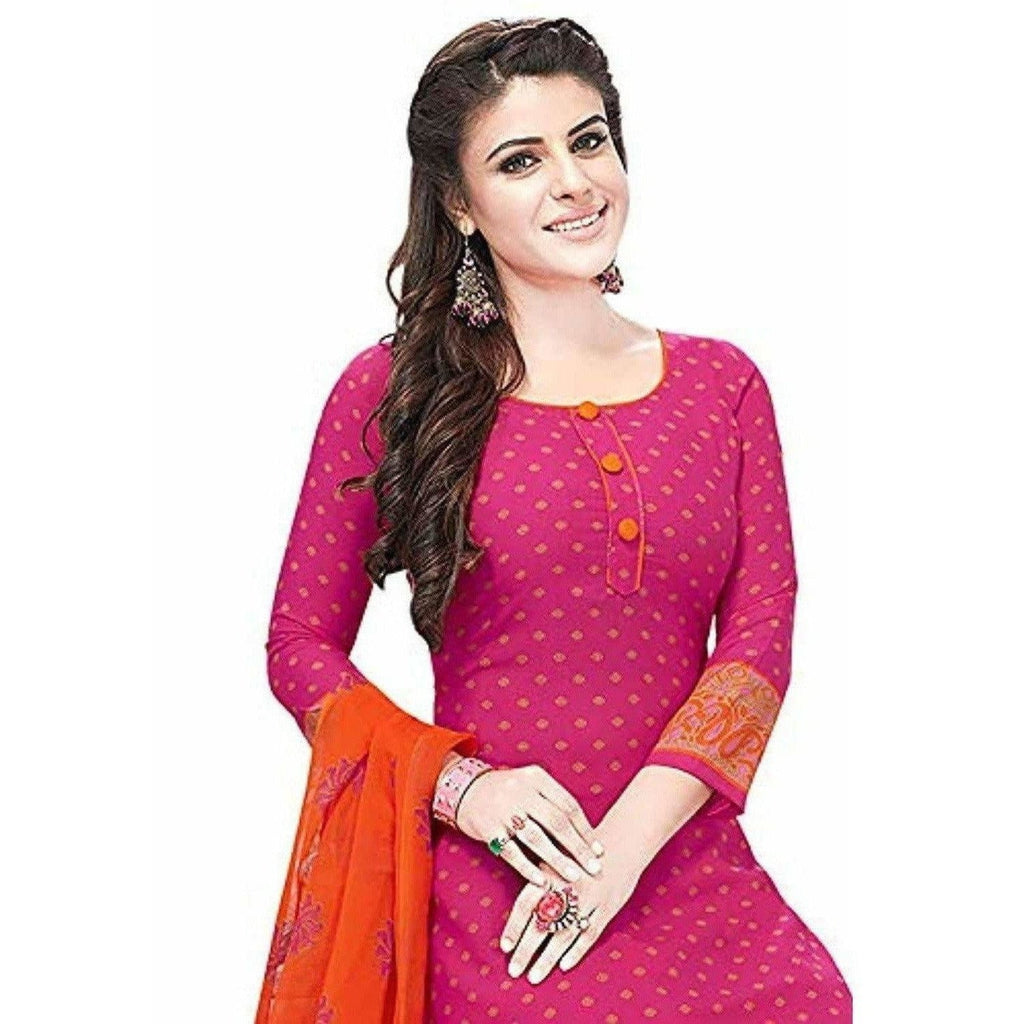 Synthetic Pink & Orange Printed Unstitched Salwar Suits Dress Material with Dupatta - Distacart