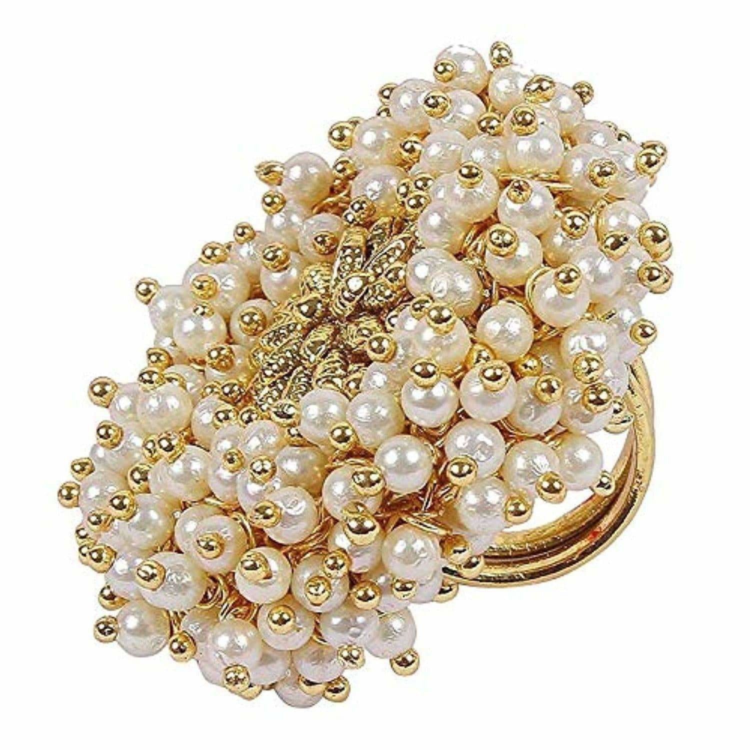 Gold-Polished Pearl Beads Polki Ring