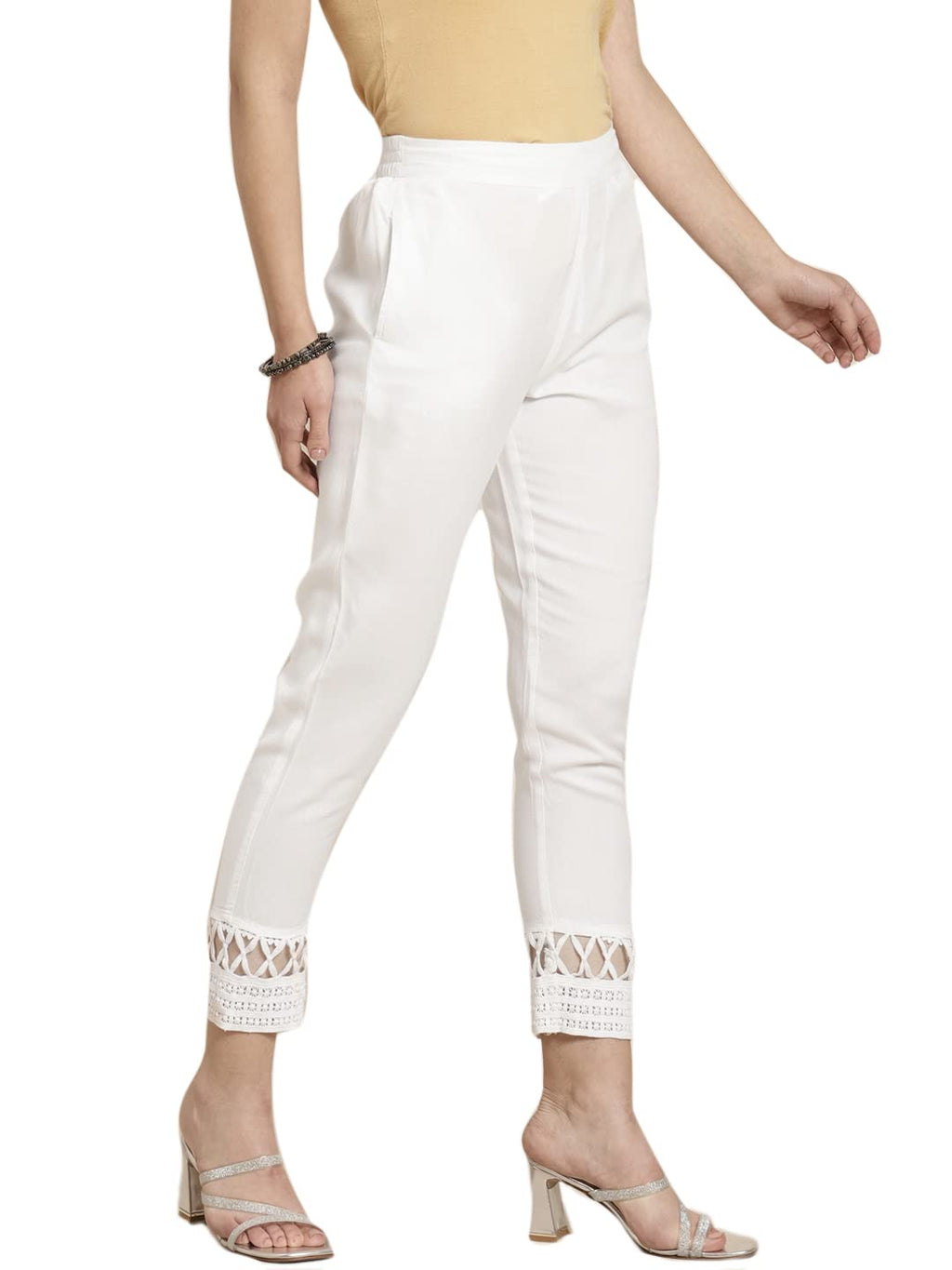Juniper Women's White Solid Rayon Ankle-Length Slim Fit Pants