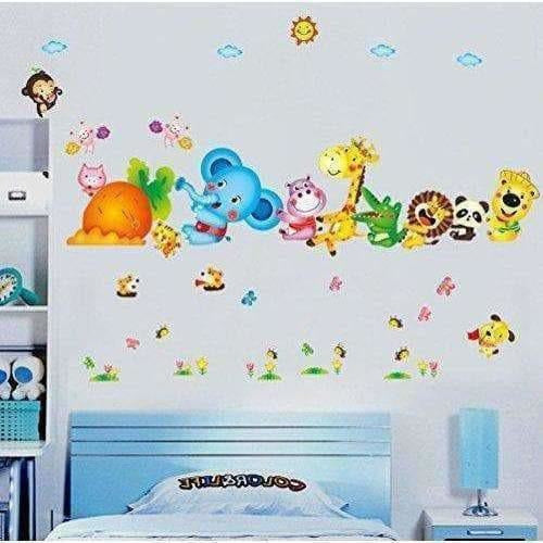 Happy Cute Elephant Monkey Cartoon Animals  Wall Sticker - Distacart