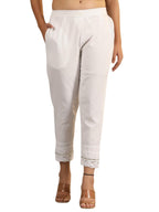 Juniper Women's Off White Soild Cotton Flex Pants With Lace Work
