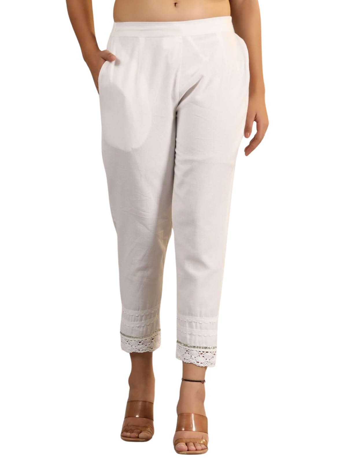 Juniper Women's Off White Soild Cotton Flex Pants With Lace Work