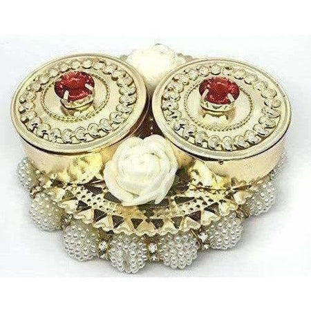 Haldi Kumkum Box Elegant with Lids - Decorated with Flowers - Colored Crystals