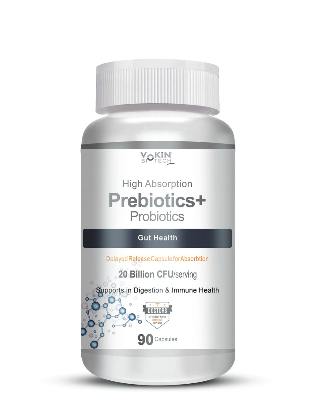 Vokin Biotech Prebiotics + Probiotics 20 Billion Cfu Supplement with Delayed-Release Capsules for Temperature Stable, Digestion and Immune Health