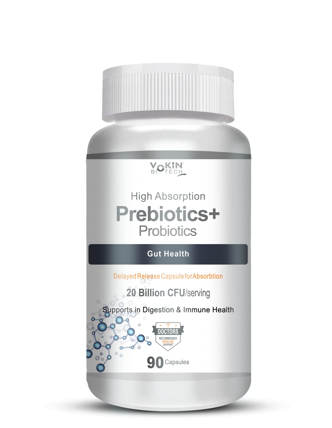 Vokin Biotech Prebiotics + Probiotics 20 Billion Cfu Supplement with Delayed-Release Capsules for Temperature Stable, Digestion and Immune Health